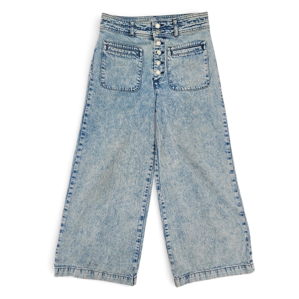 We The Free Wide‎ Leg Crop Jeans Womens 28 Blue High Rise Button Fly Denim EUC